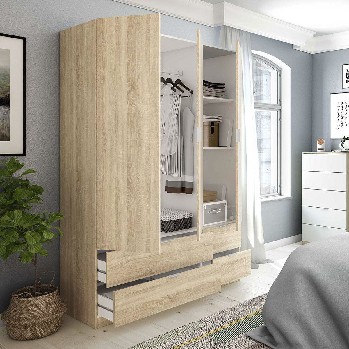 Wardrobe with 3 doors and 4 drawers, ESTUBENY model.