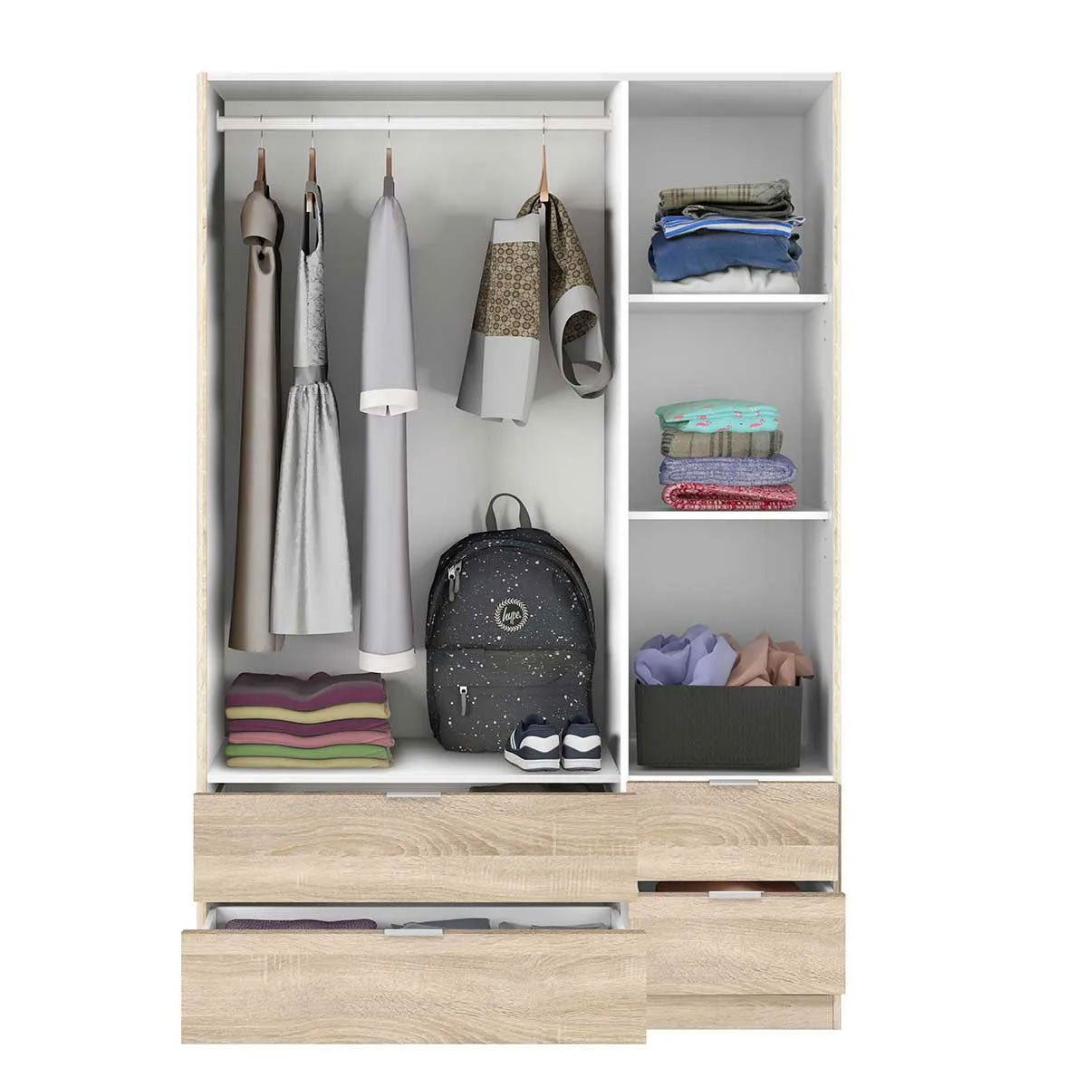 Wardrobe with 3 doors and 4 drawers, ESTUBENY model.