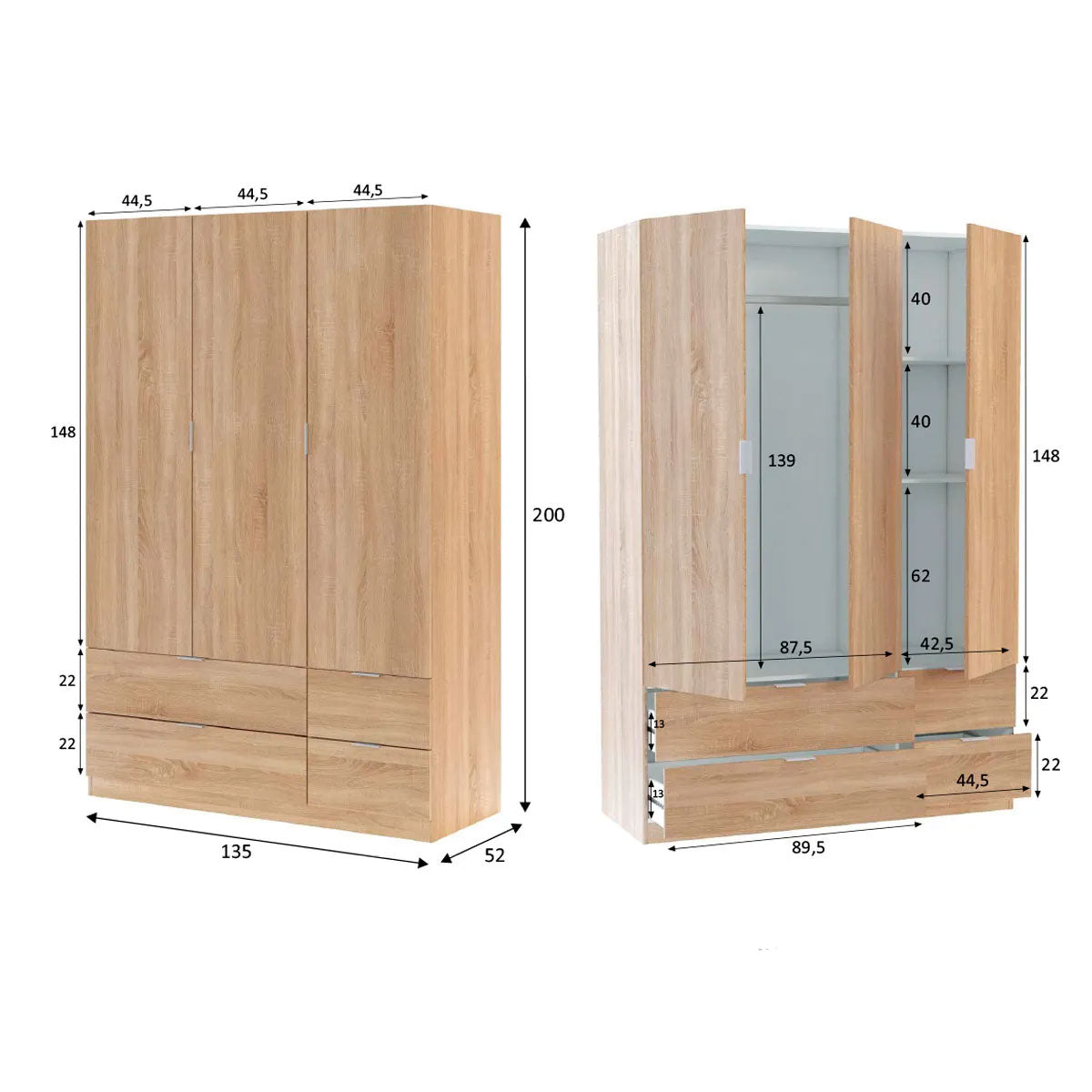 Wardrobe with 3 doors and 4 drawers, ESTUBENY model.
