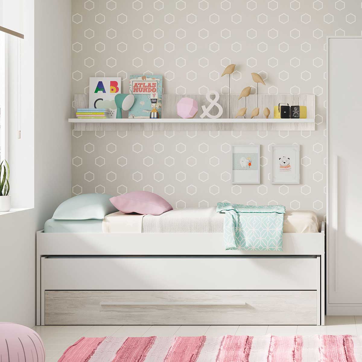 Cama nido juvenil doble con cajón y estantes modelo PICANYA.