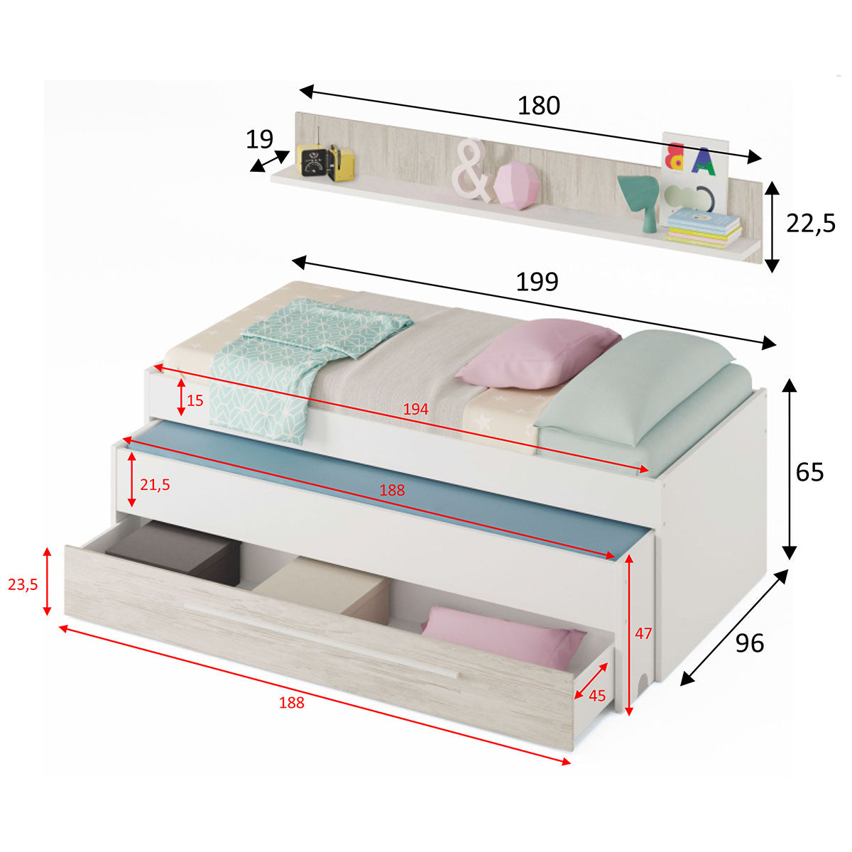 Cama nido juvenil doble con cajón y estantes modelo PICANYA.