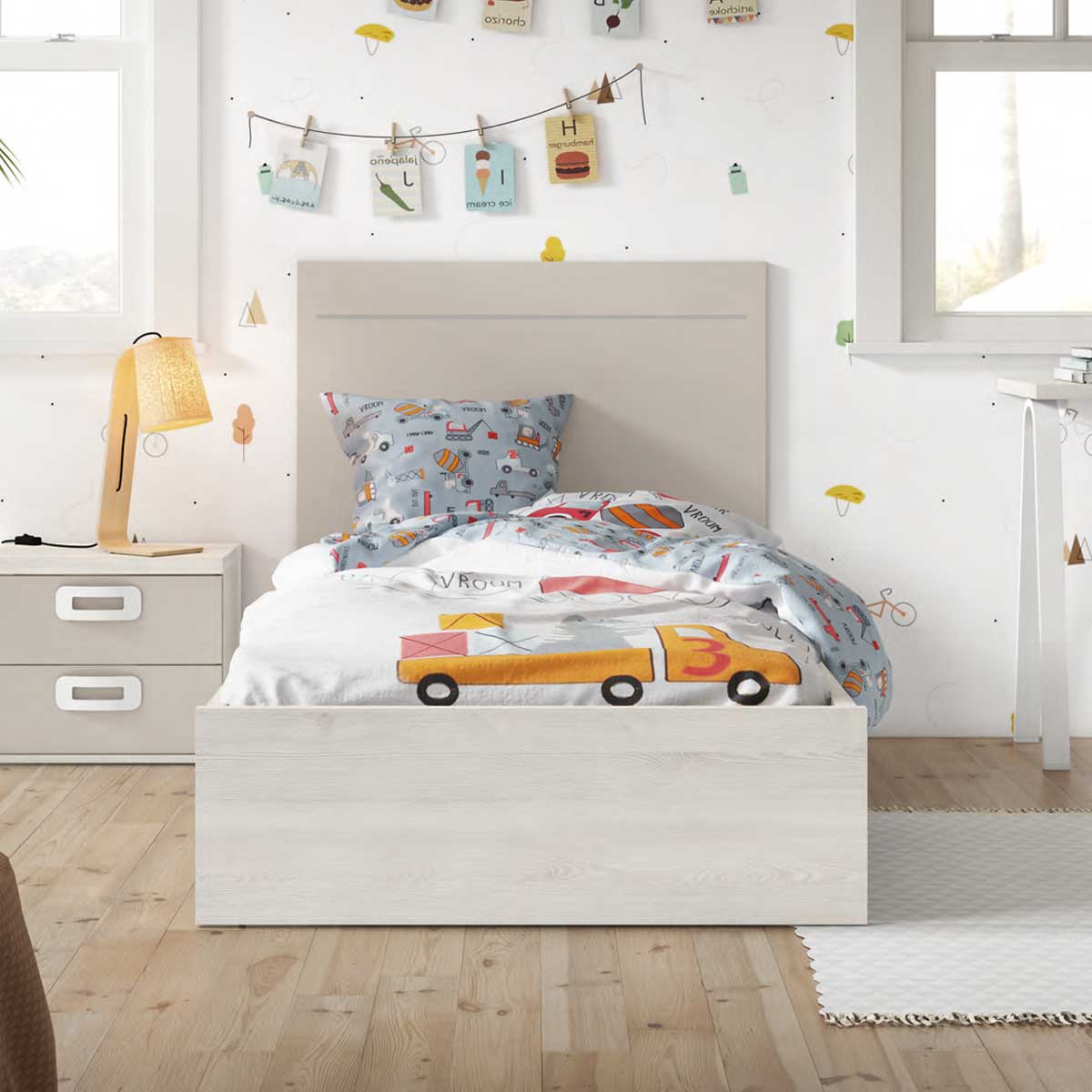 Double youth trundle bed with drawer and shelves, PICANYA model.