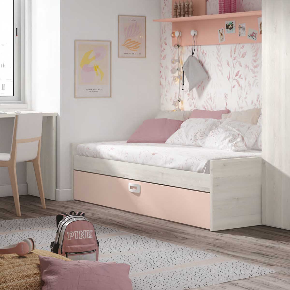 Double youth trundle bed with drawer and shelves, PICANYA model.