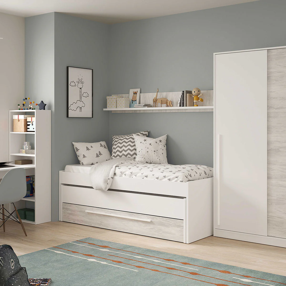 Cama nido juvenil doble con cajón y estantes modelo PICANYA. - Imagen 2