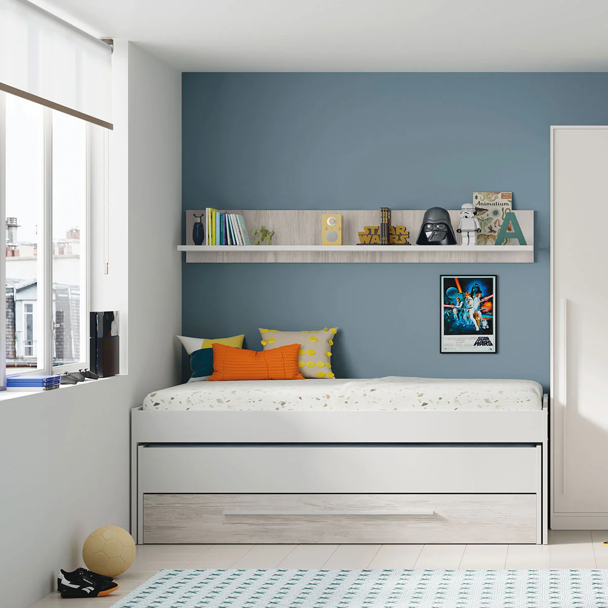 Cama nido juvenil doble con cajón y estantes modelo PICANYA. - Imagen 3